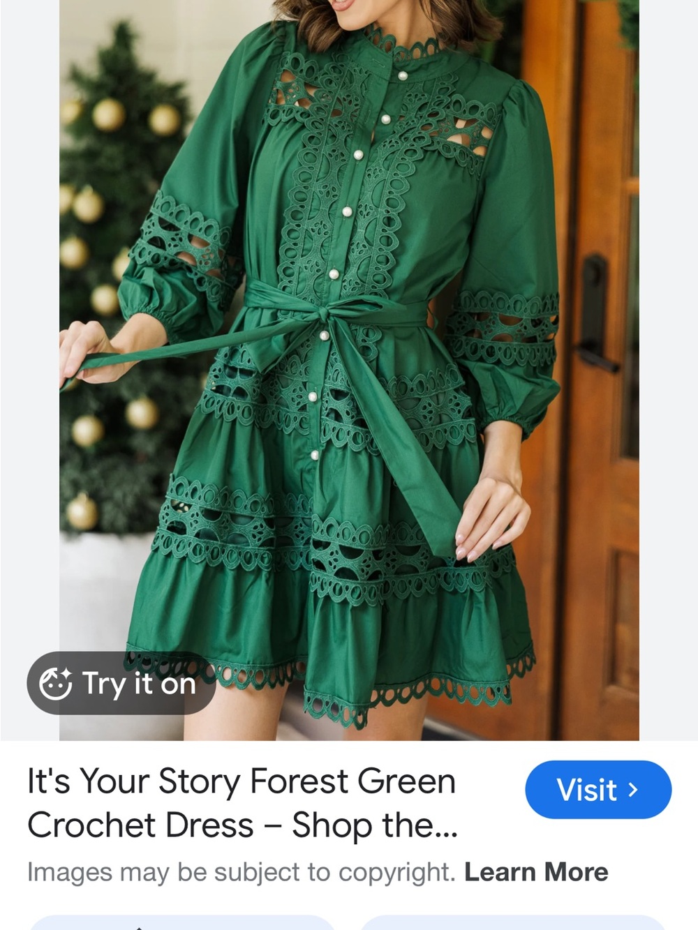 ENTRO Green Long Sleeve Lace-Trim pearl Button Front Dress - Picture 4 of 10